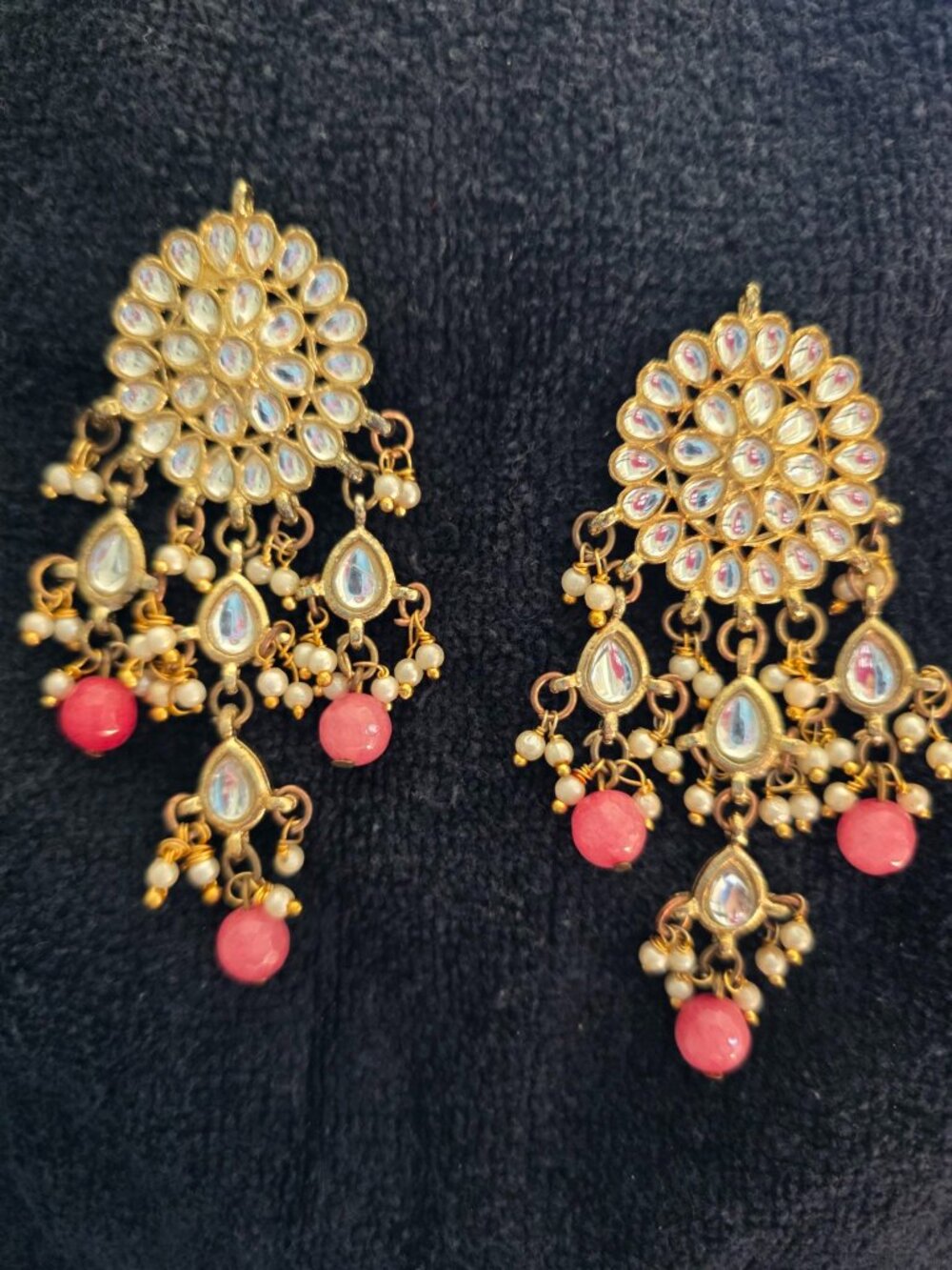 NWOT Gold-Tone Kundan Chandbali Earrings Pink Bead Drops Indian Bridal Jewelry